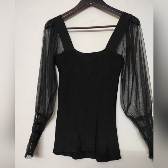MNG Black Puffed Mesh Sleeve Top - Picture 10 of 12